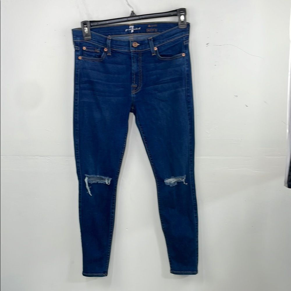 7 For All Mankind Blue The Ankle Skinny Jeans with Distressed Detail size 31